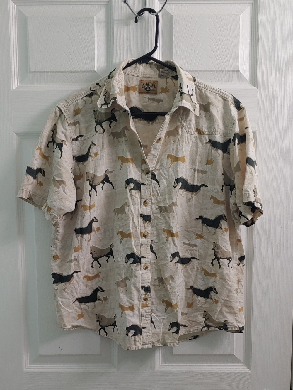 Vintage Men's XL Western Horse Shirt Moda Tech Short Sleeve Beige Button Down